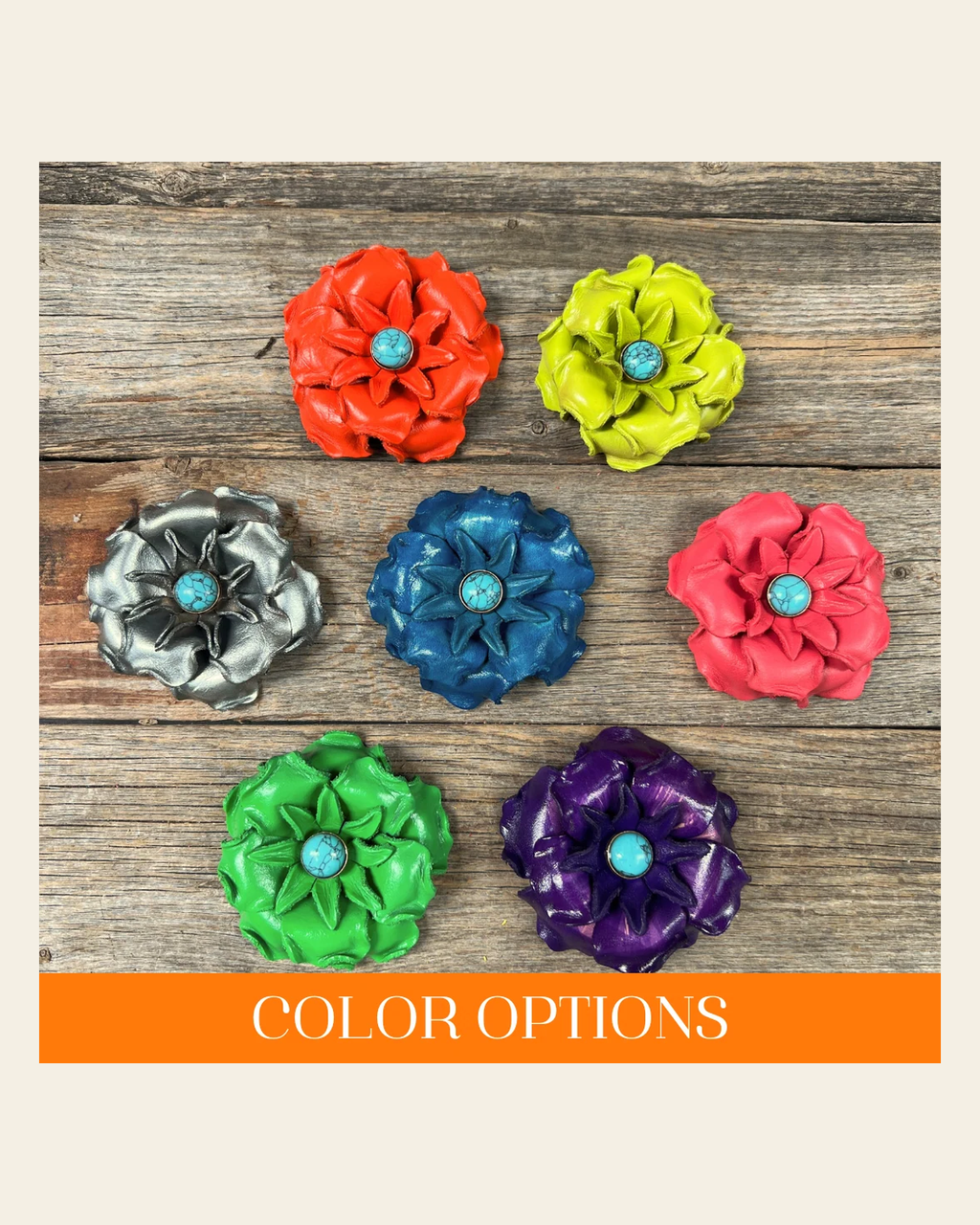 Hand Painted Leather Flowers - Gardenias - Round Turquoise Cabochons on a warm cream background