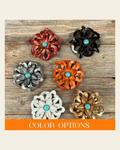 Hand Painted Leather Flowers - Lotus - Round Turquoise Cabochons on a warm cream background