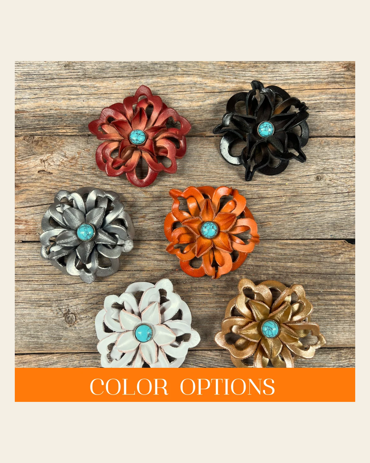 Hand Painted Leather Flowers - Lotus - Round Turquoise Cabochons on a warm cream background