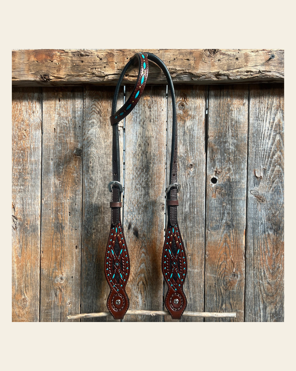 Hand Painted Two Tone One Ear Headstall/Bridle #241923 on a warm cream background