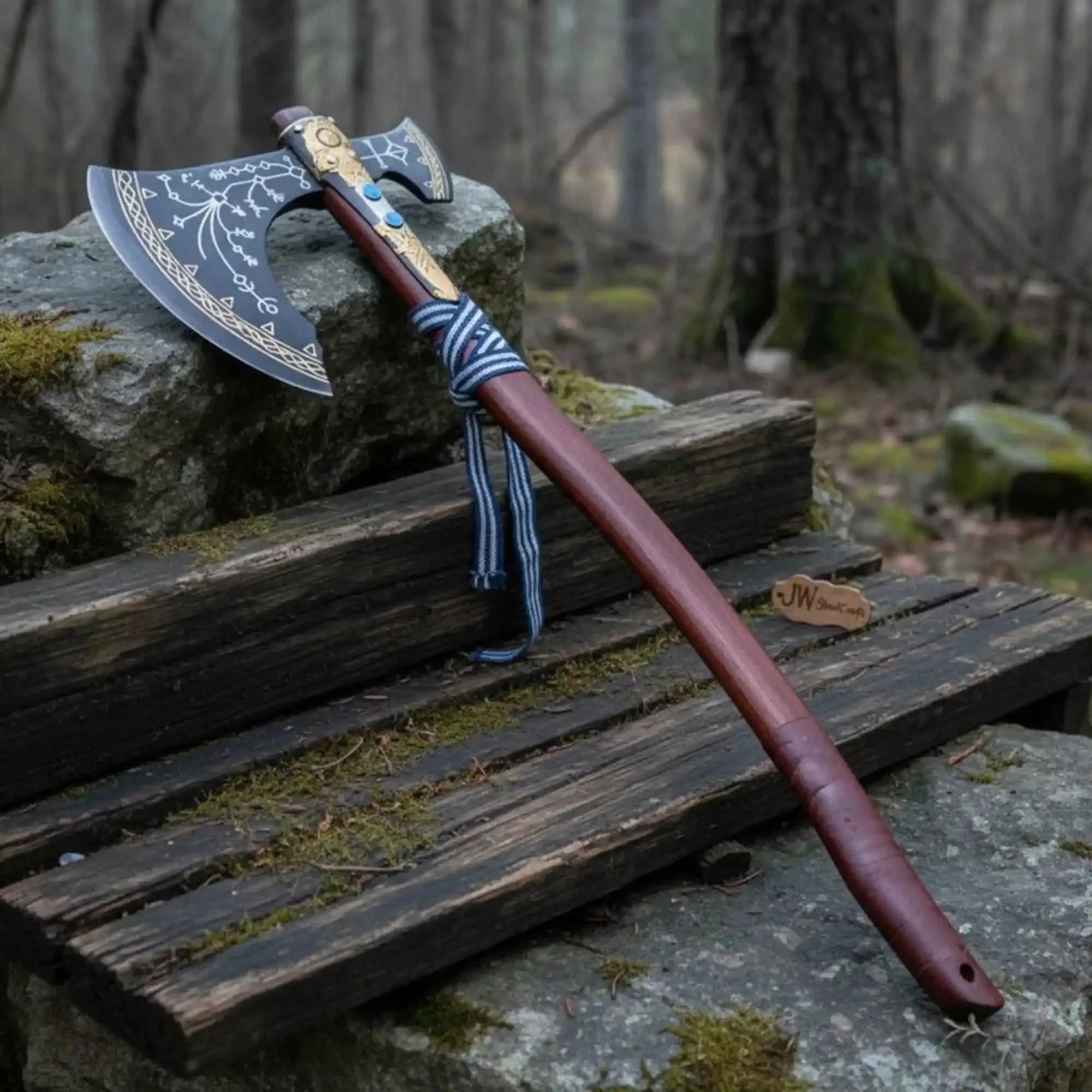 Hand Forged Viking Fantasy Double-Bit Axe with Norse Engraving, Gold Handle Fittings and Blue Gemstone Inlays