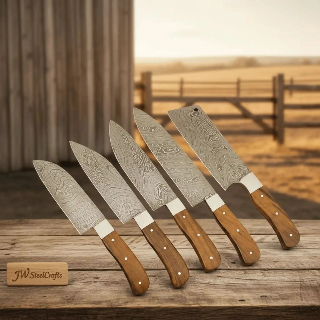 5 Piece Damascus Kitchen Knife Set - Walnut Wood Handle Professional Cooking Knife Set