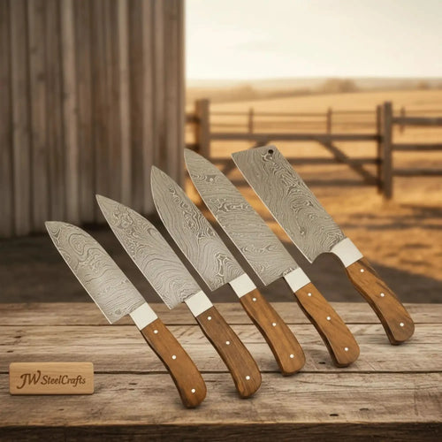 5 Piece Damascus Kitchen Knife Set - Walnut Wood Handle Professional Cooking Knife Set