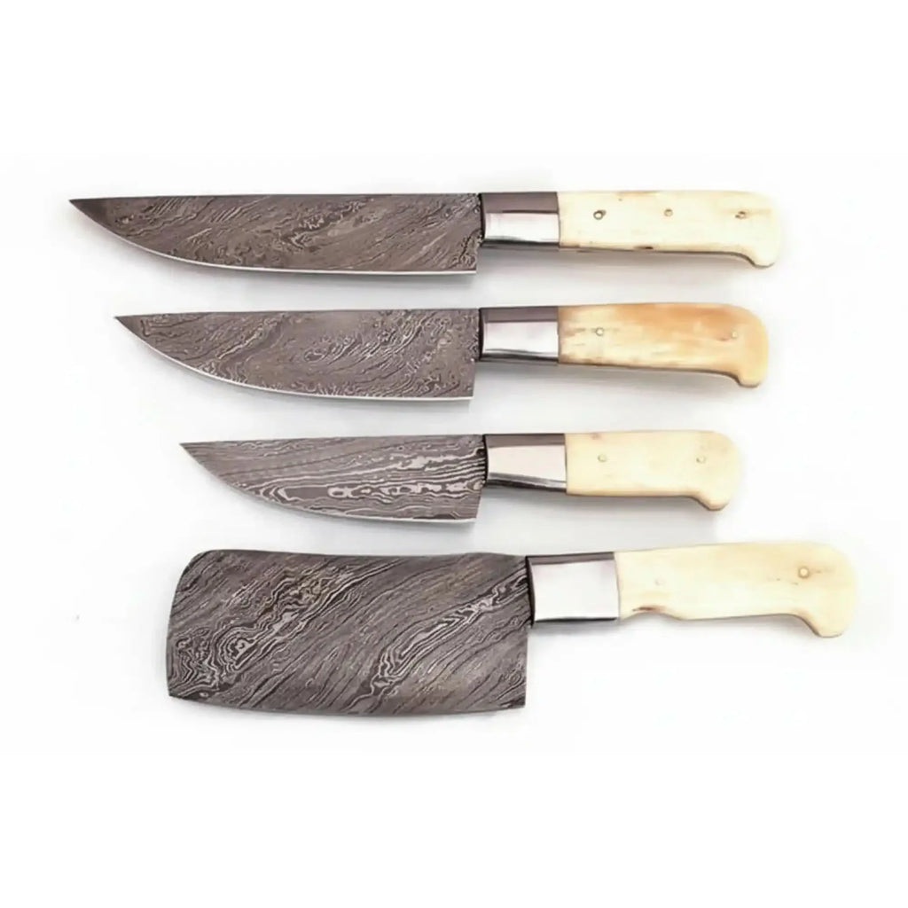 4-Piece Damascus chef Knife Set with White Camel Bone Handles