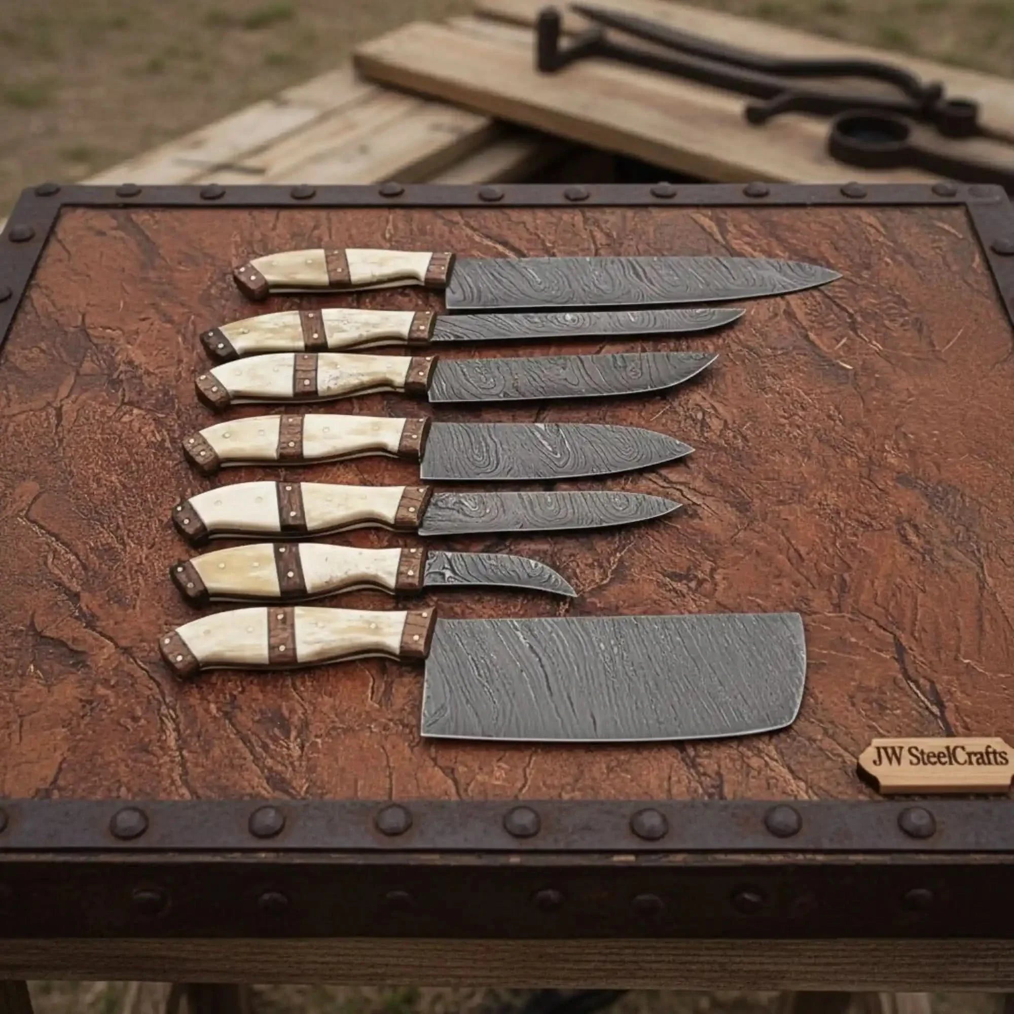 7-Piece Damascus Kitchen Knife Set — Bread, Cleaver, Chef, Santoku, Fillet, Boning & Utility