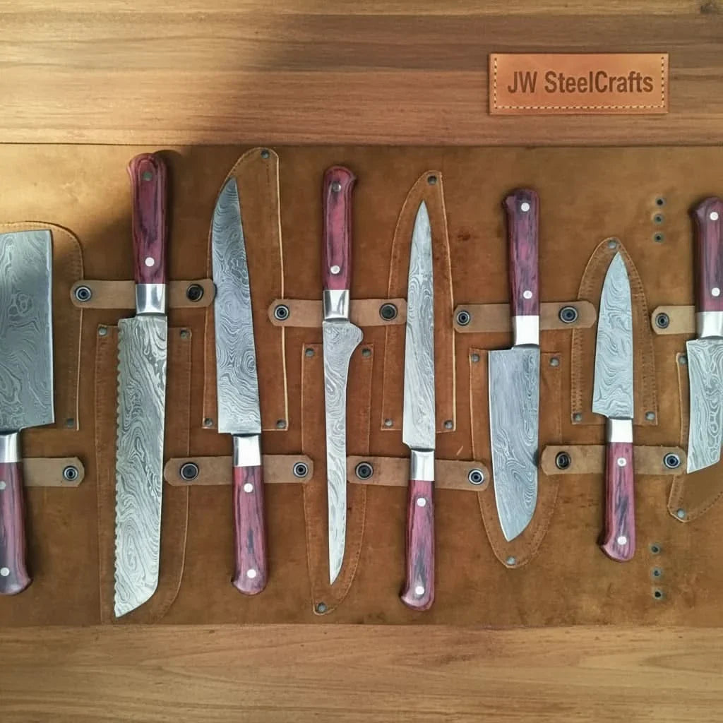 8-Piece Damascus Kitchen Knife Set — Red Pakka Wood Handles
