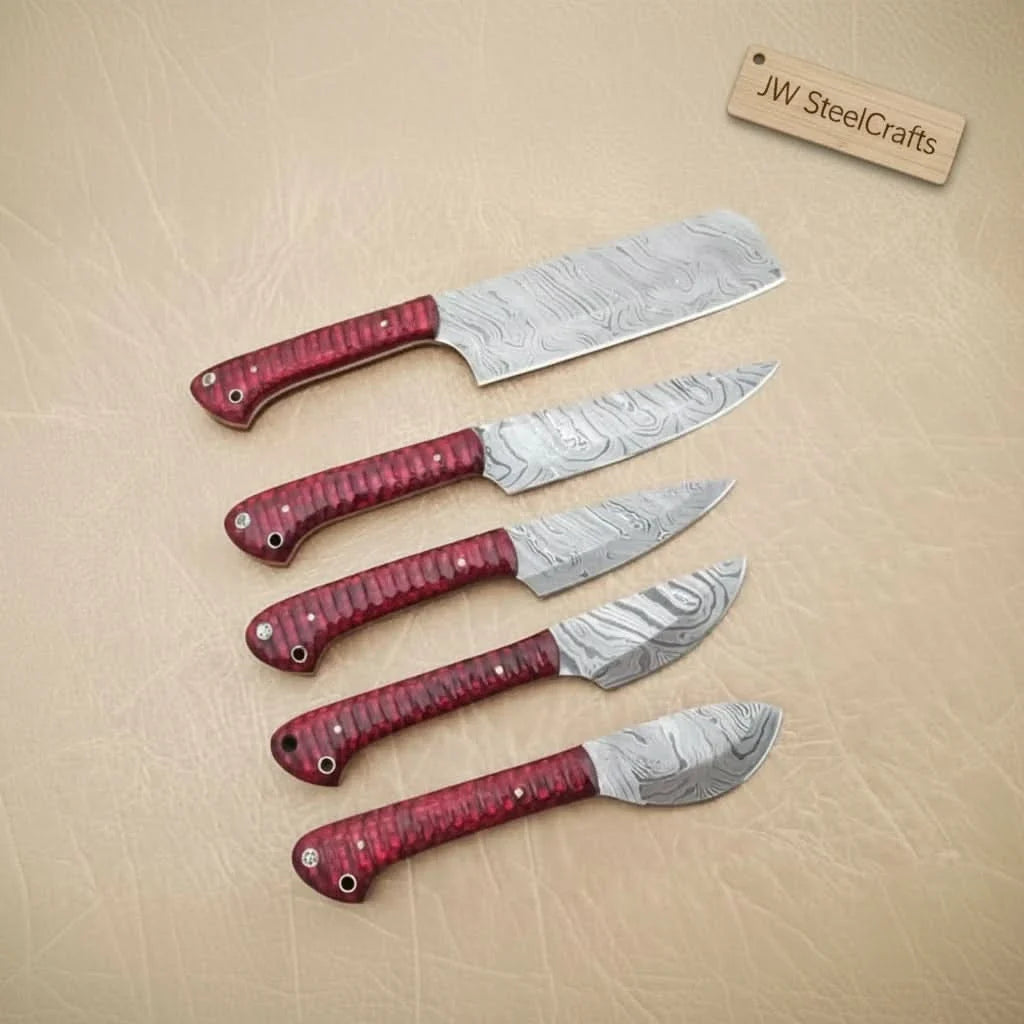 6-Piece Damascus Knife Set with Red Wood Handles and Brass Pins