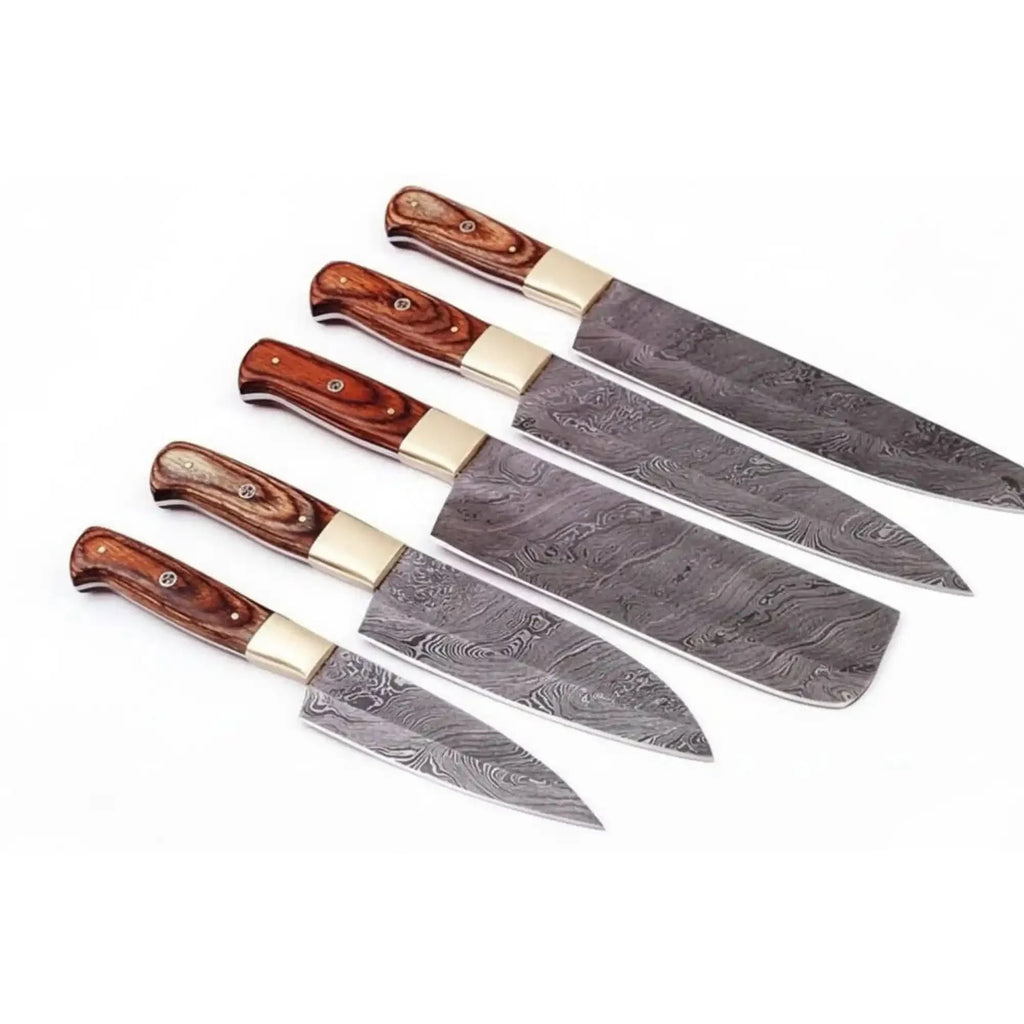5-Piece Forged Damascus Culinary Knife Set with Pakka Wood Handles and Wood Grain Blades
