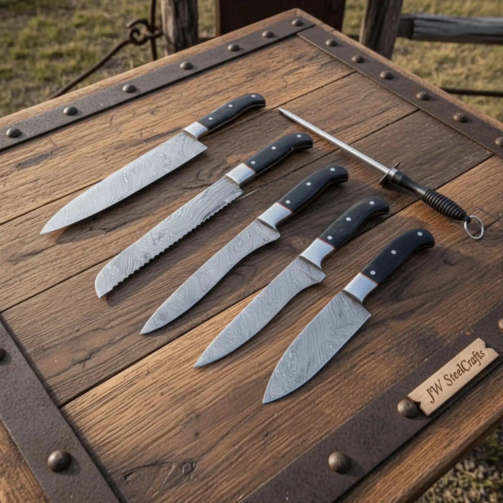 5-Piece Damascus Knife Set with Honing Rod and Black Handles
