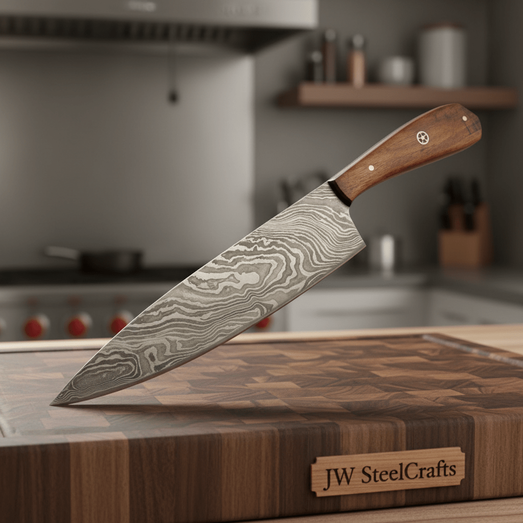 Chef Knife, Twist Pattern Damascus Steel Blade, Walnut Wood Handle with Mosaic Pin, Full Tang Professional Kitchen Knife, JW SteelCrafts