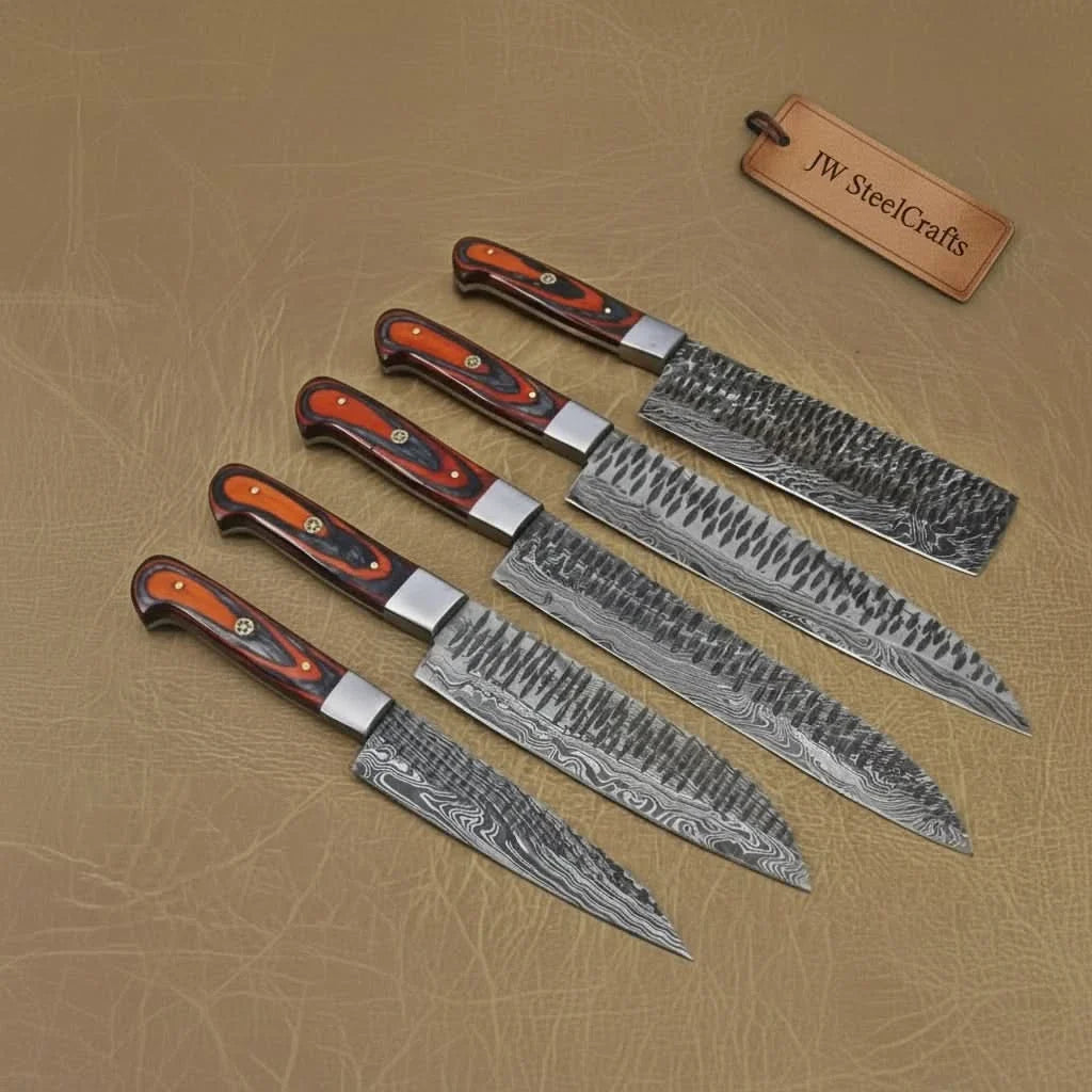 5-Piece Damascus Knife Set Orange Black Pakka Wood Handles with Hammered Tsuchime Blades