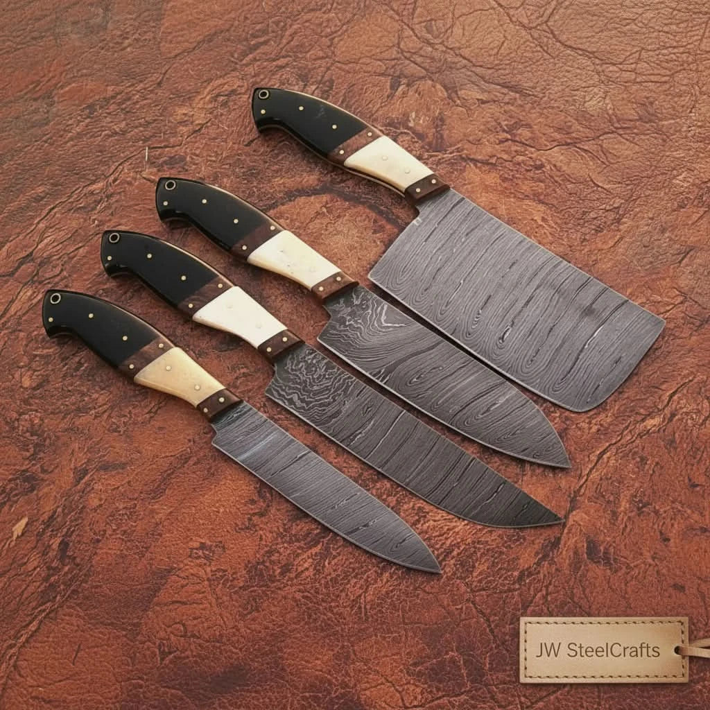 4-piece high-carbon Damascus butcher knife set – bone and horn handle with brass pins
