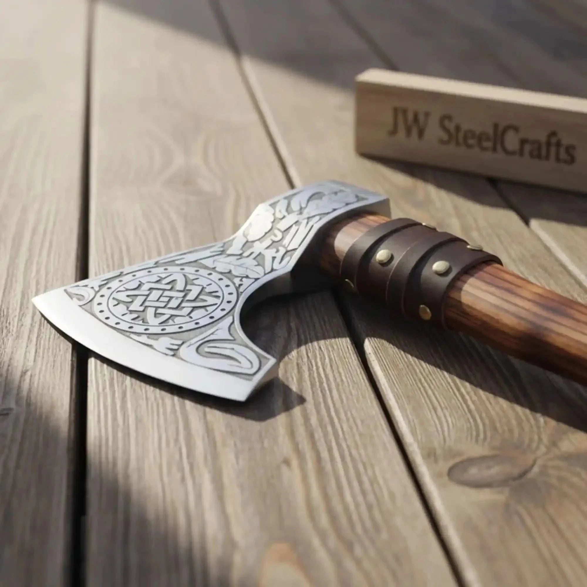 Handcrafted Viking Bearded Axe Engraved Blade Wolf Carved Wooden Handle Functional Sharp Edge