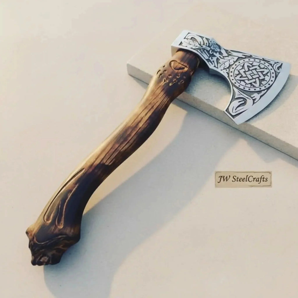 Handcrafted Viking Bearded Axe Engraved Blade Wolf Carved Wooden Handle Functional Sharp Edge