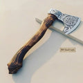 Handcrafted Viking Bearded Axe Engraved Blade Wolf Carved Wooden Handle Functional Sharp Edge