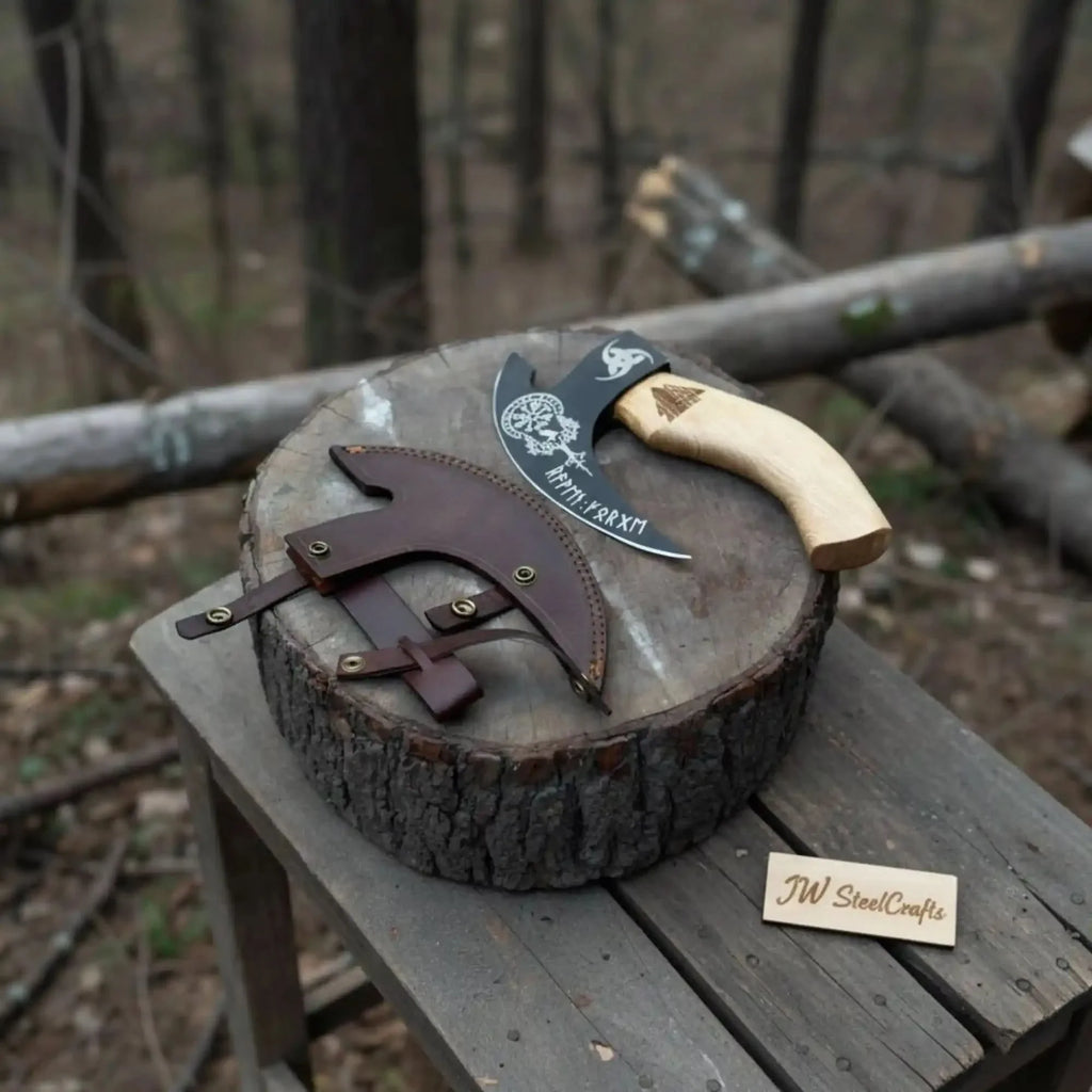 Viking Rune Engraved Bearded Axe Pizza Cutter — Carbon Steel Blade, Ash Wood Handle