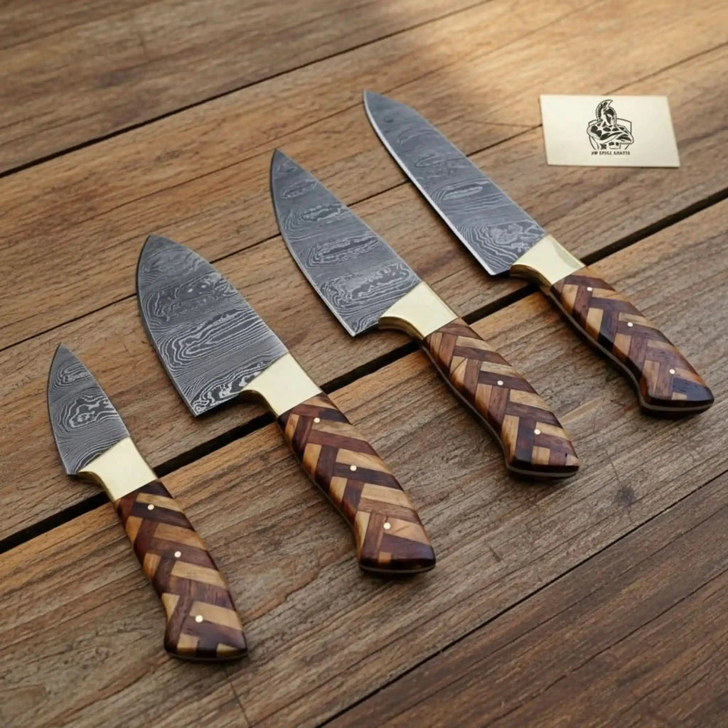 Custom Made Chef Knife Set with 4-Piece Damascus Blades and Chevron Wood Handles