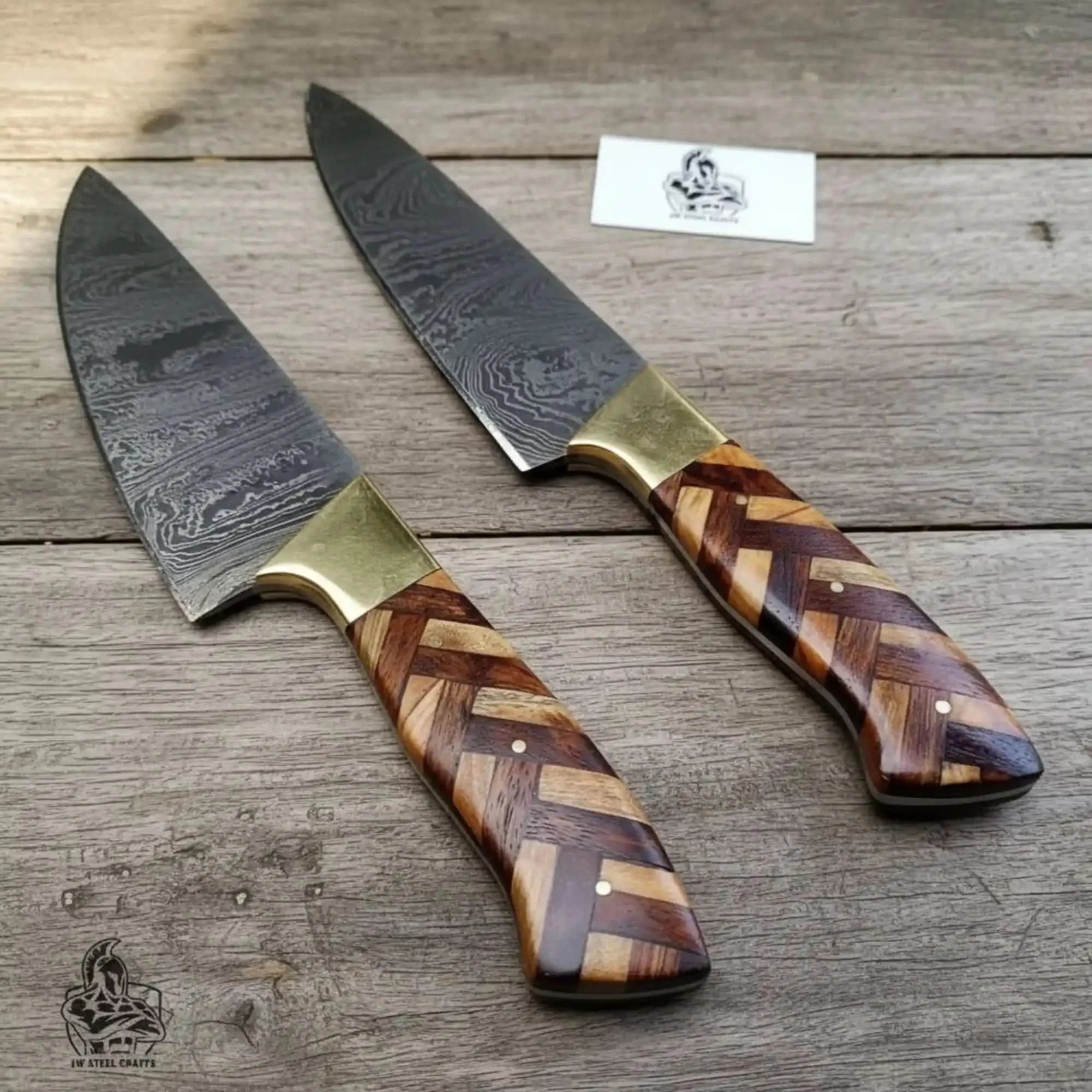 Custom Made Chef Knife Set with 4-Piece Damascus Blades and Chevron Wood Handles
