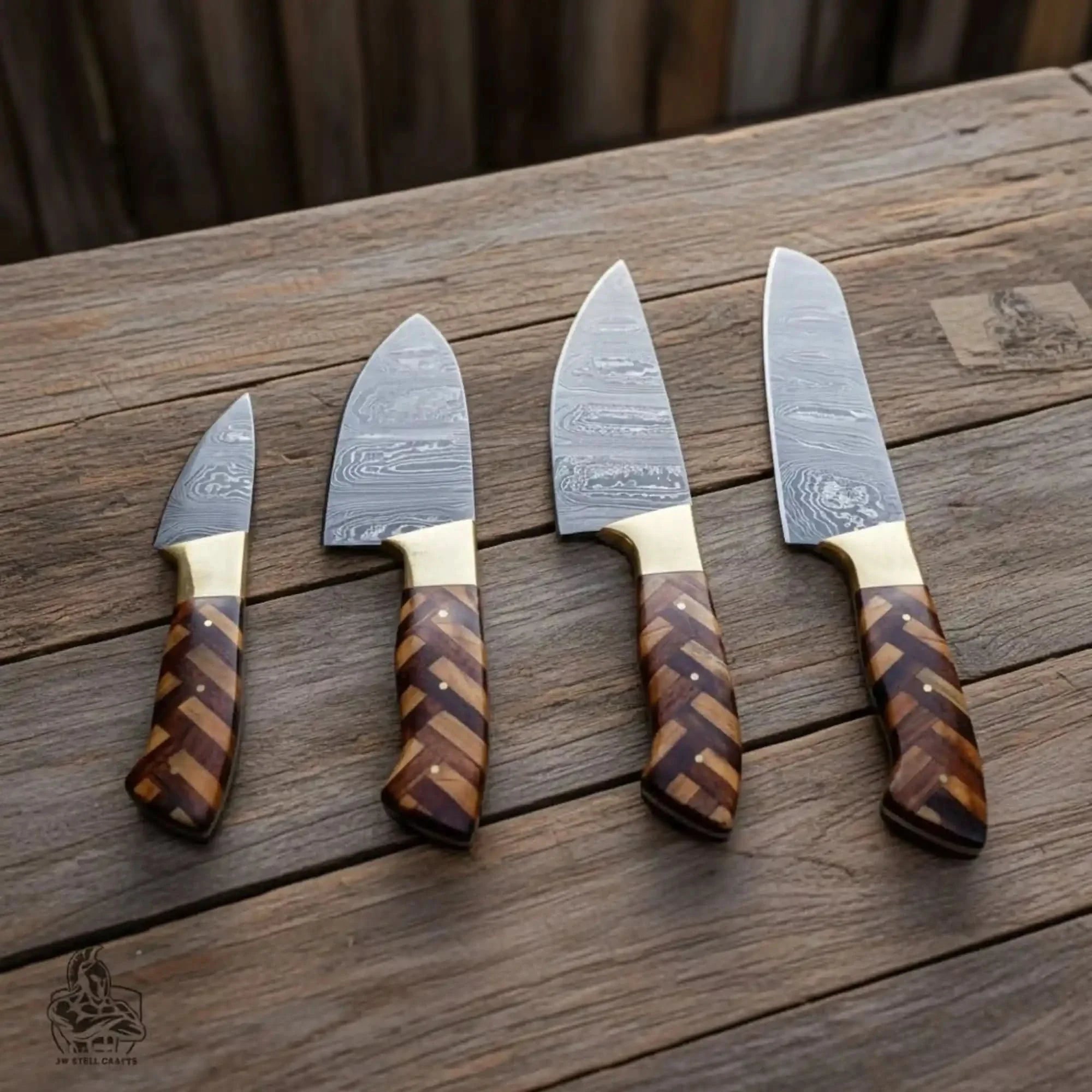 Custom Made Chef Knife Set with 4-Piece Damascus Blades and Chevron Wood Handles