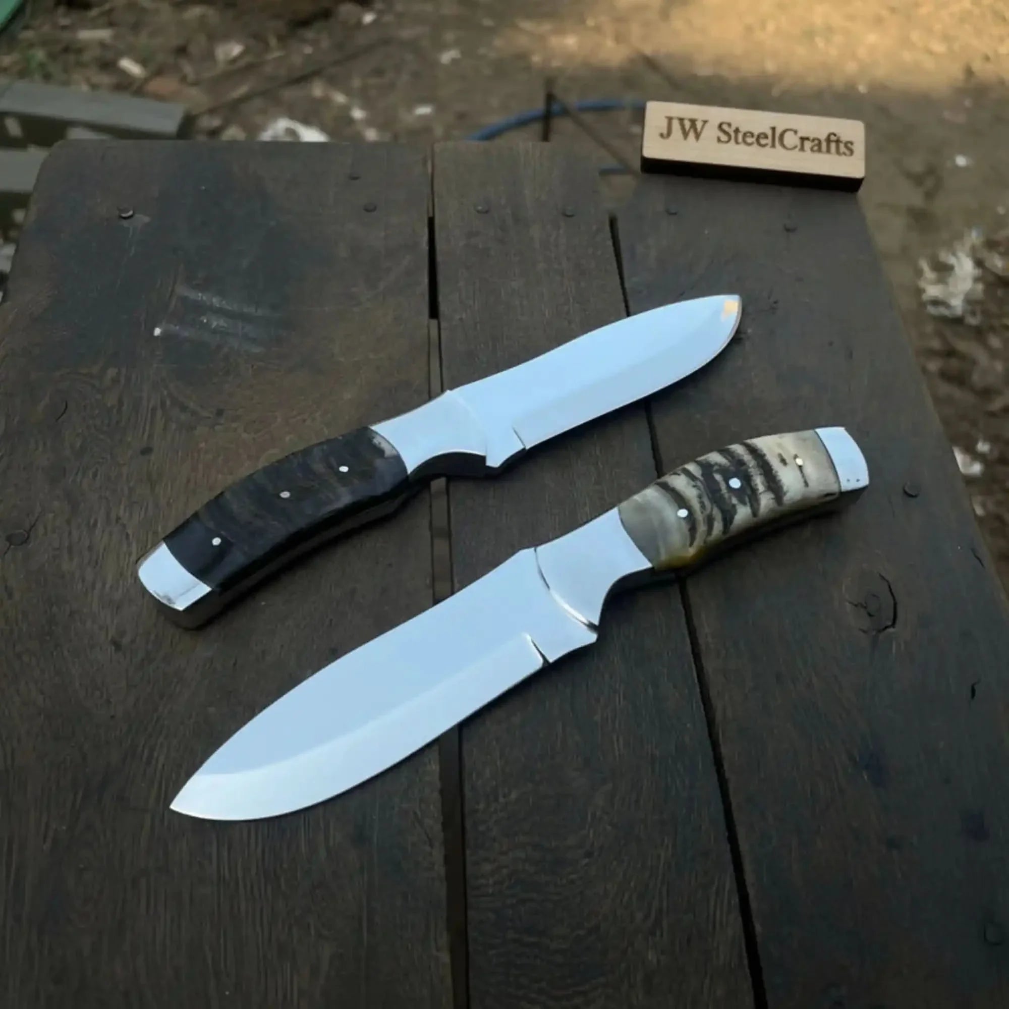 Antler Ridge hunting Knife Handcrafted D2 Steel Fixed Blade Set with Ram Horn Handles