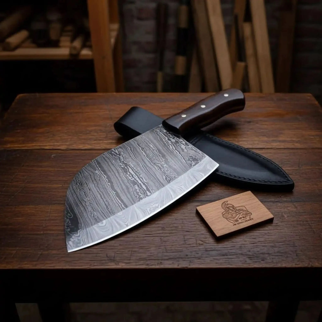 12-Inch Serbian Damascus Cleaver — Rosewood Handle & Leather Sheath