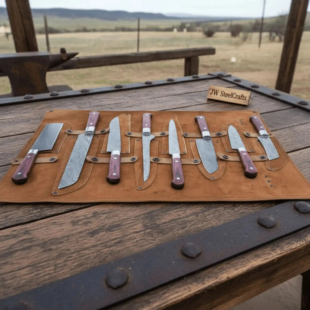 8-Piece Damascus Kitchen Knife Set — Red Pakka Wood Handles