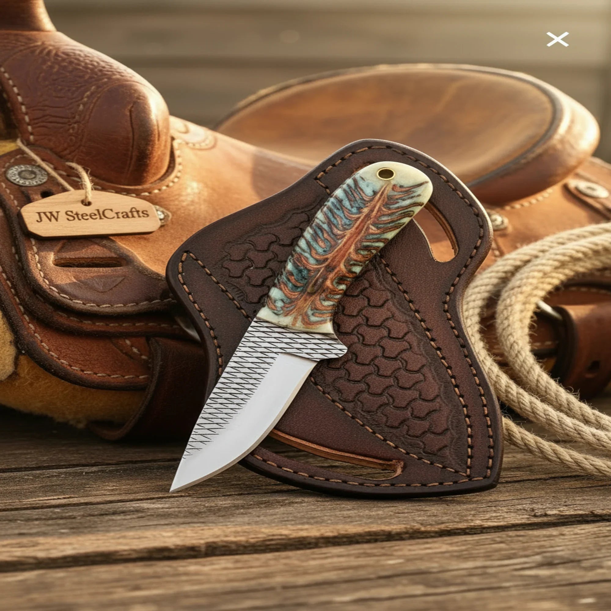 Handmade Cowboy Fixed Blade Knife Resin Handle Western Pancake Leather Sheath