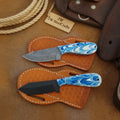 Set of 2 Cowboy Knives Blue Resin Handle Damascus Black Blade Western Pancake Sheaths