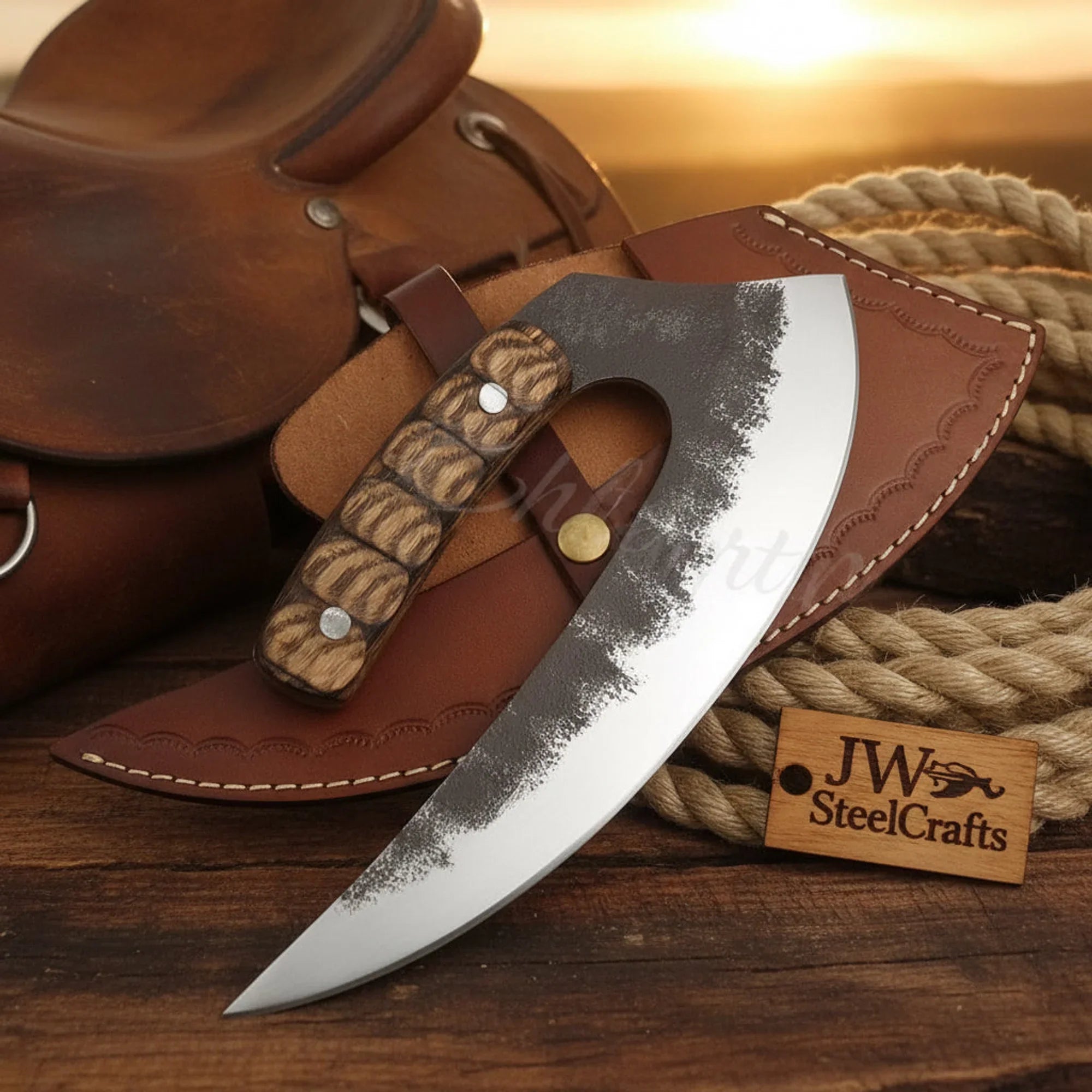 Handmade Nordic Ulu Cleaver – High-Carbon Steel Arctic Chopping Knife with Leather Sheath