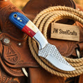 Handmade Cowboy Texas Flag Knife Skinner Blue Pakka Wood Handle Full Tang Fixed Blade
