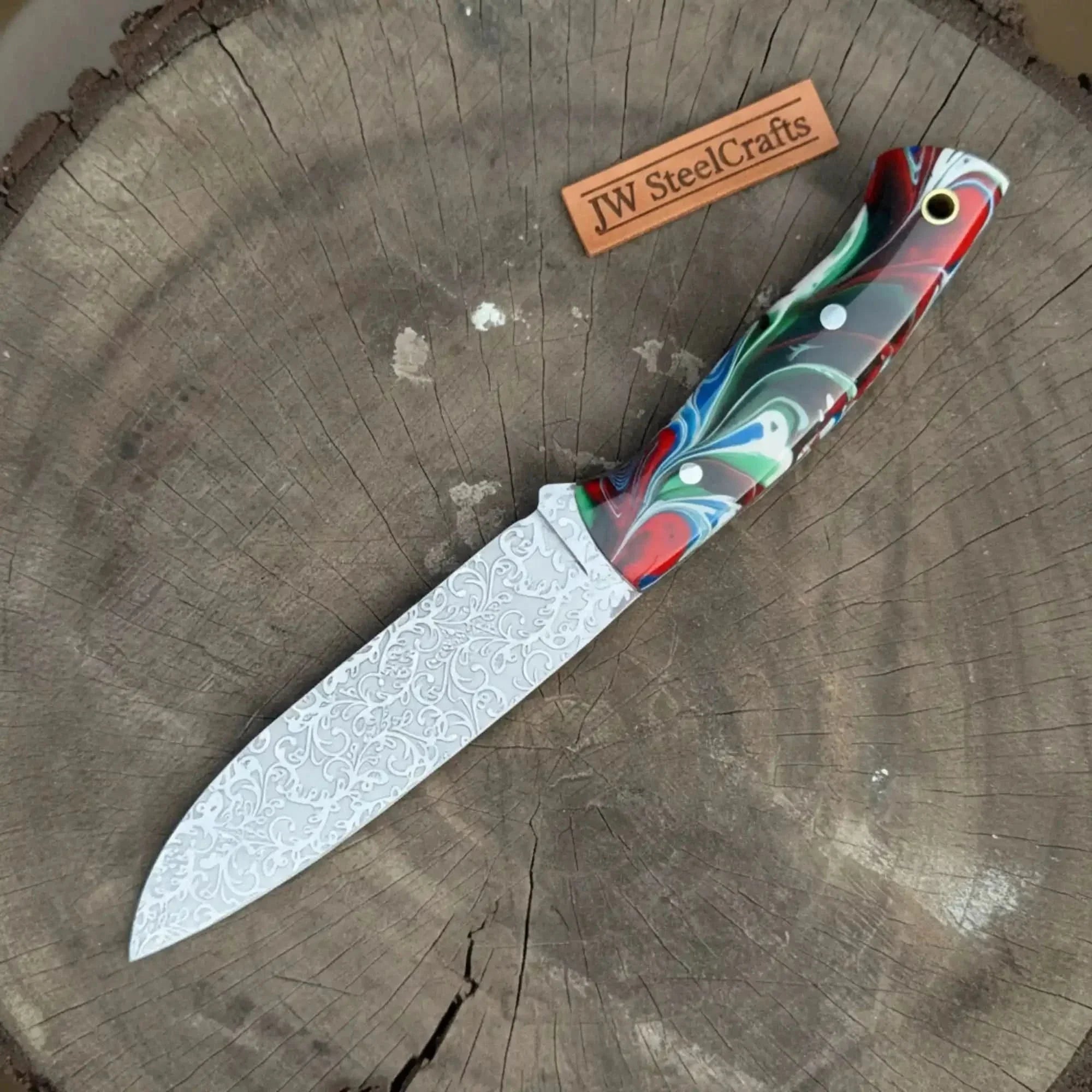 Bushcraft Utility Knife 9” – Acid Etched Blade with Marble Resin Handle