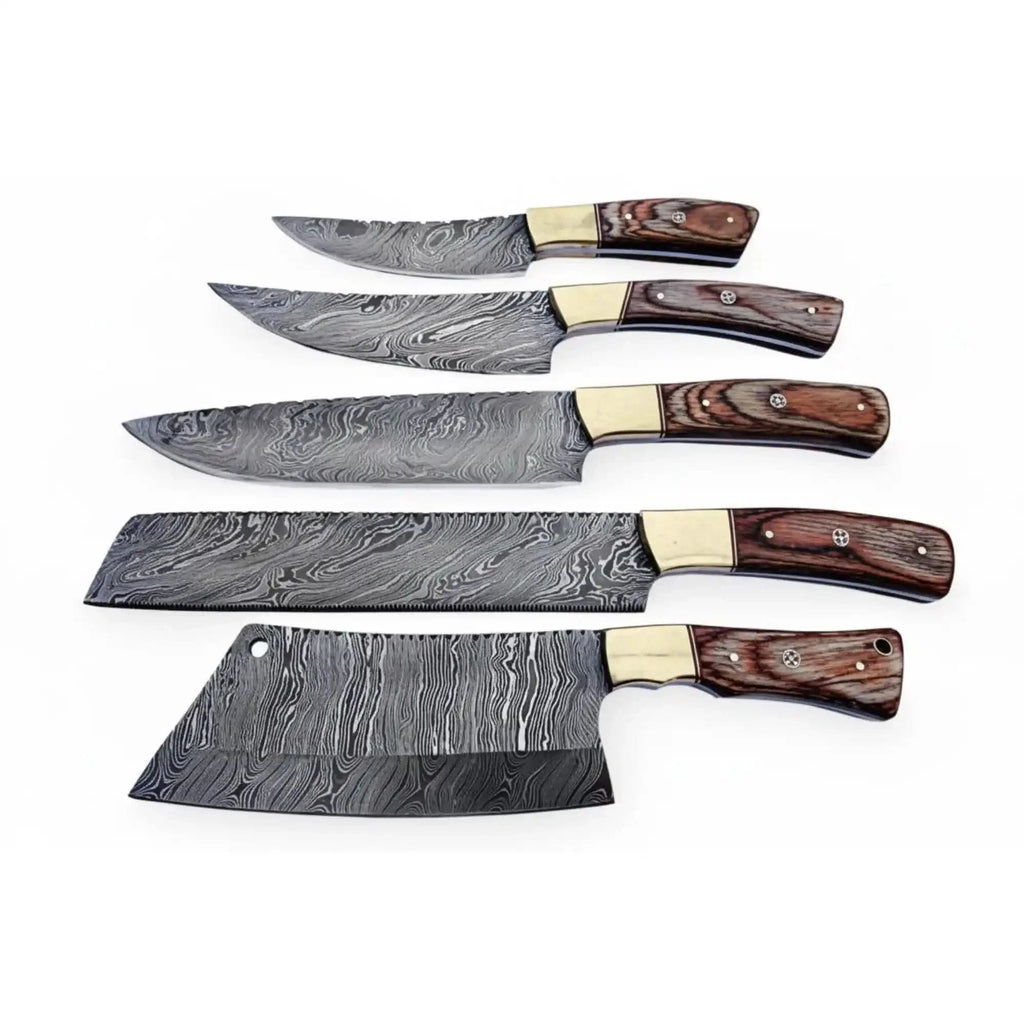 Handmade Damascus Kitchen Knife Set of 5 with Full Tang Wood Handles