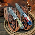 Handmade Damascus Cowboy Hunting Knife Set of 2 Texas Flag Resin Handle Pancake Sheath