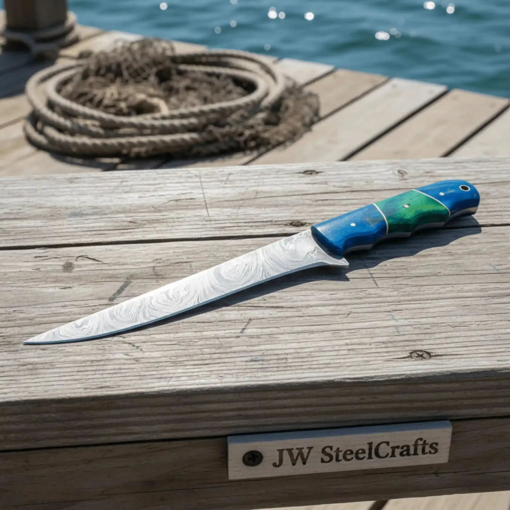 11.5 Inch Damascus Steel Fillet Knife with Two-Tone Colored Wood Handle | JW SteelCrafts