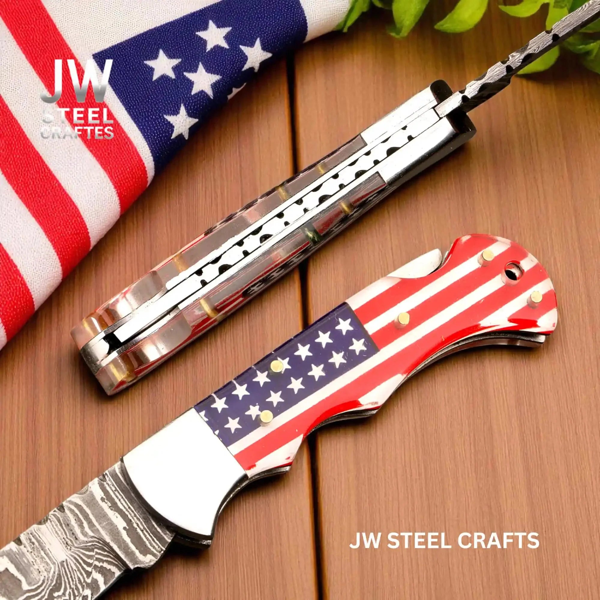 American Flag Damascus Folding Hunter with Ram Horn Handle