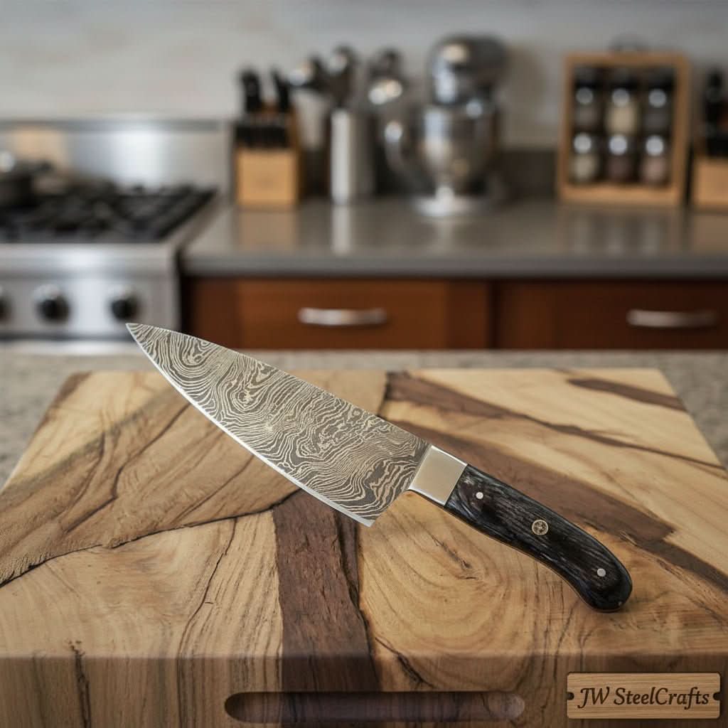 Custom Damascus Gyuto Chef Knife, Handmade Professional Cooking Knife with Steel Bolster by JW Steel