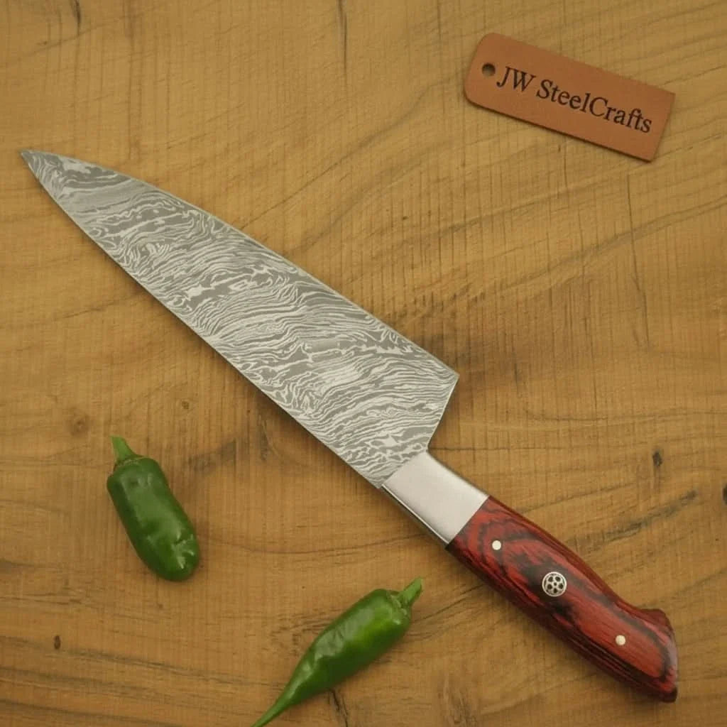 12 Inch Handmade Damascus Gyuto Chef Knife – Japanese Style Blade with Red Pakka Wood Handle