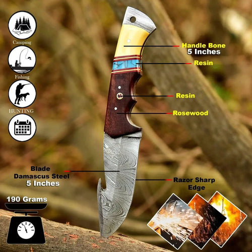 10-Inch Damascus Gut Hook Hunting Knife — Bone, Turquoise Resin & Rosewood Handle
