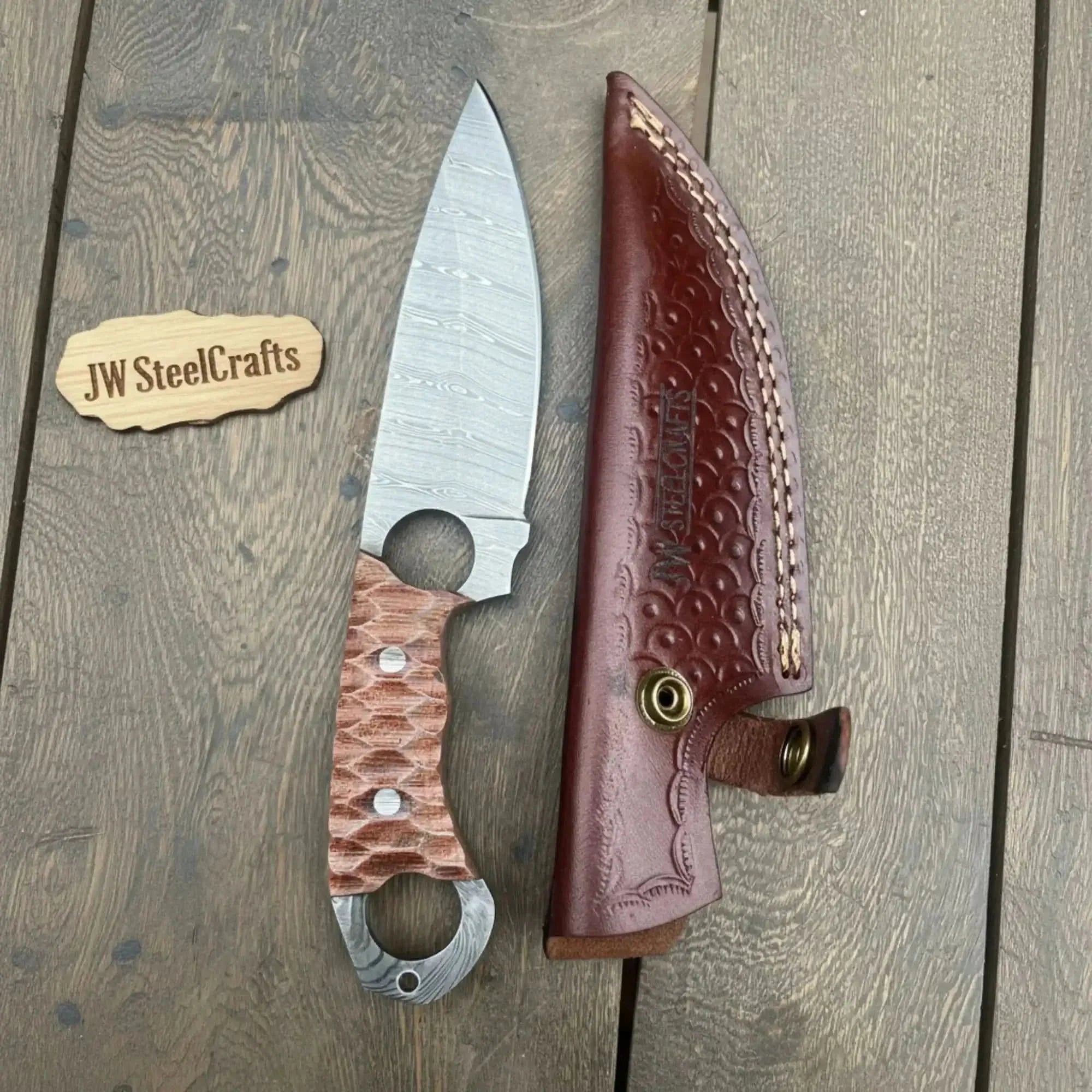 Damascus Hunting Skinner Knife Brown Micarta | Handle and Leather Sheath
