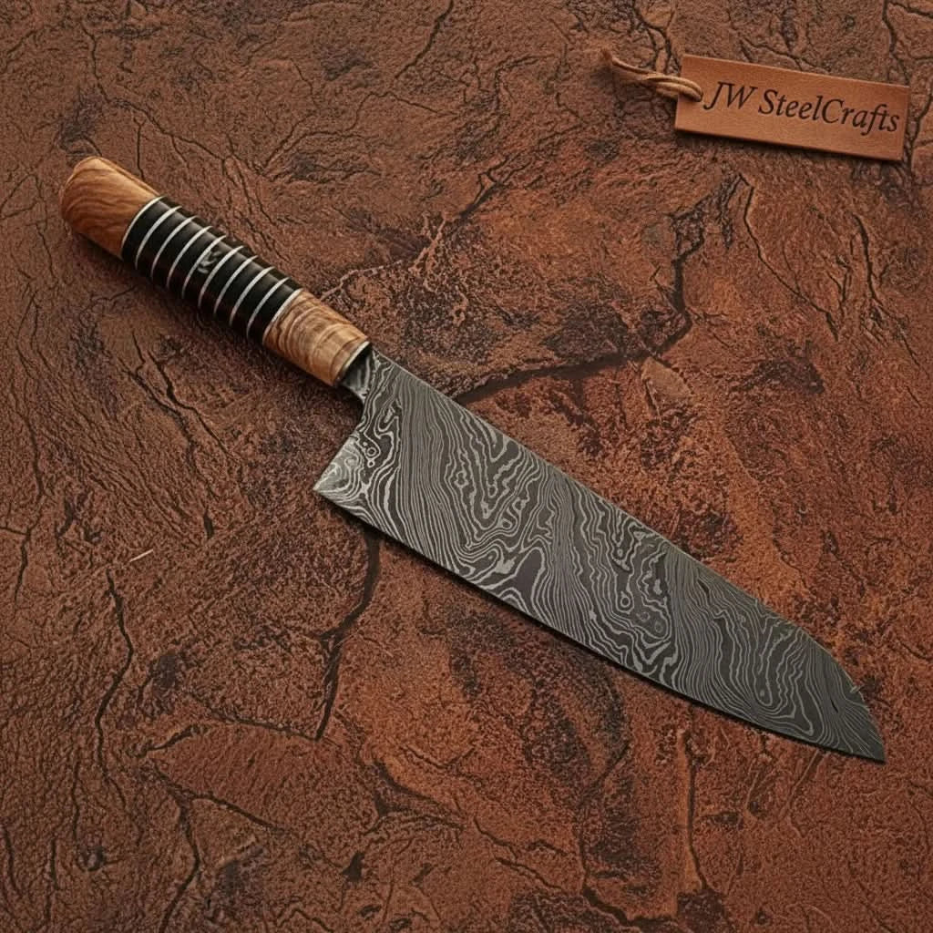 Damascus Kiritsuke Gyuto Chef Knife 12” – Olive Wood & Black Resin Handle with Brass Spacers | Full Tang Japanese Hybrid Knife