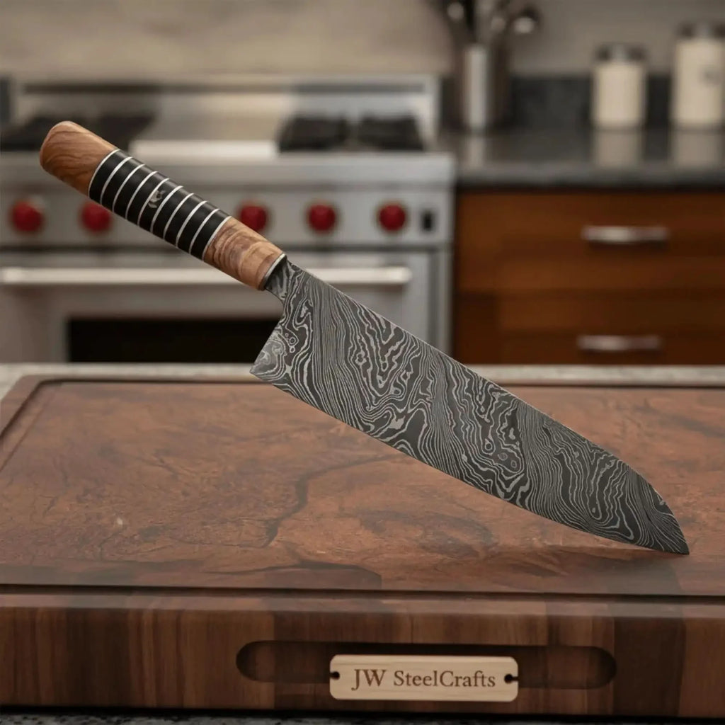 Damascus Kiritsuke Gyuto Chef Knife 12” – Olive Wood & Black Resin Handle with Brass Spacers | Full Tang Japanese Hybrid Knife