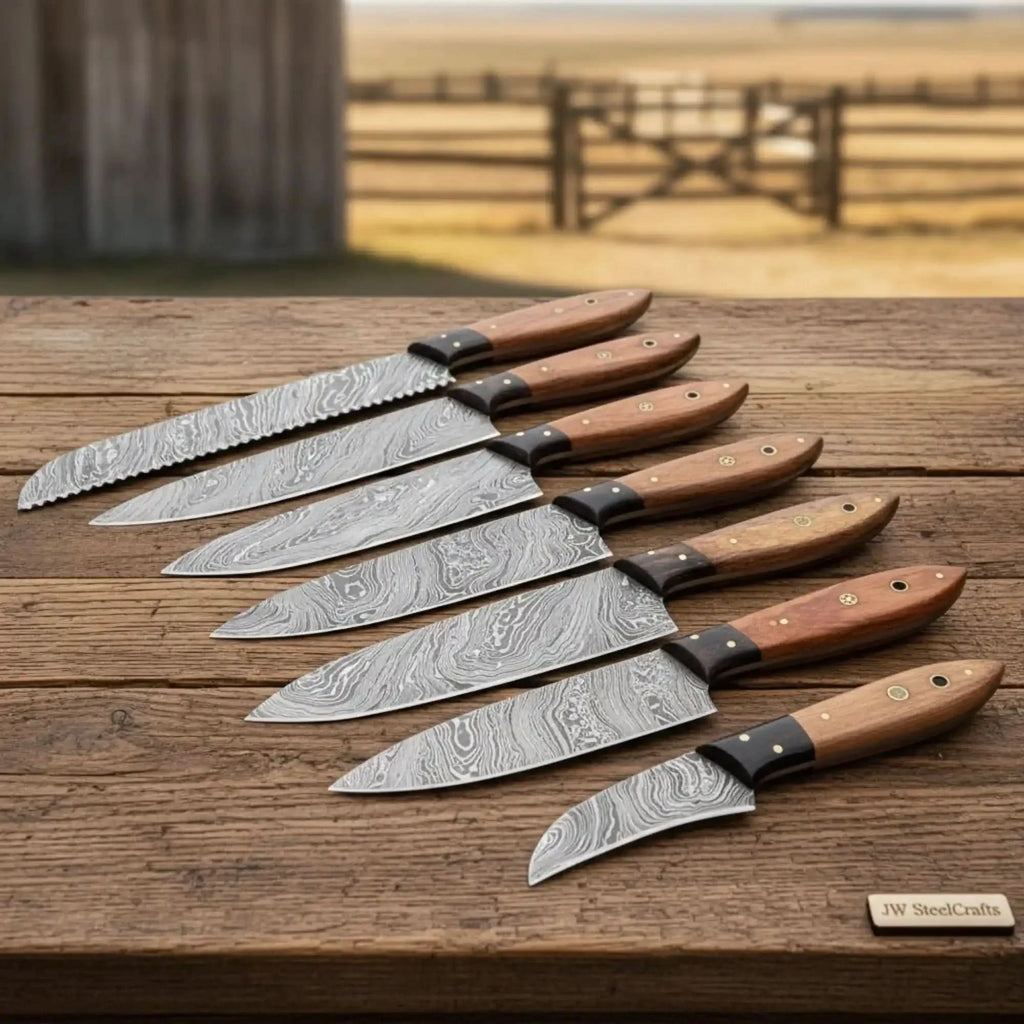 7-Piece Damascus Kitchen Knife Set with Pakka Wood Handles by JW SteelCrafts
