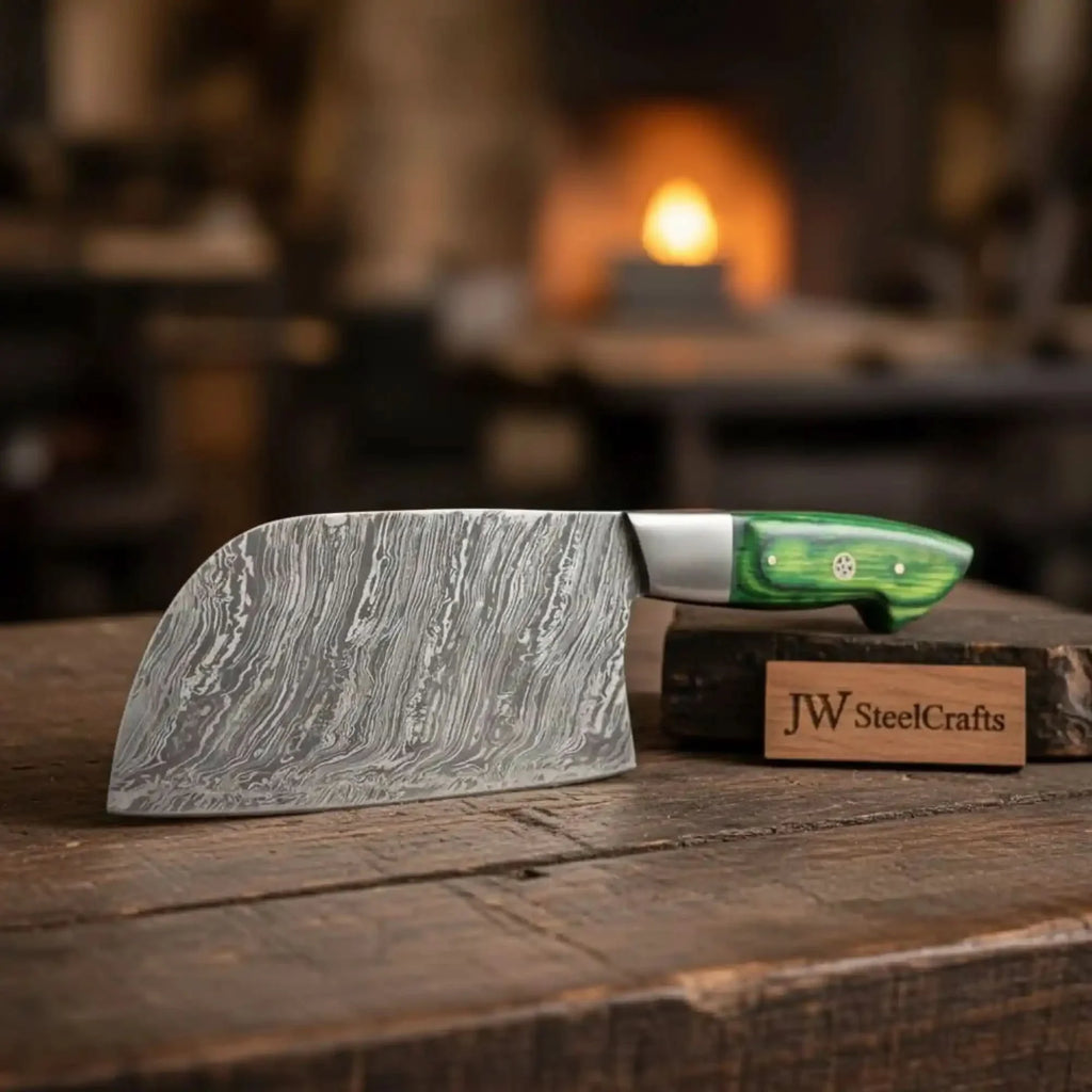 Handmade Damascus Nakiri Chef Knife with Wide Vegetable Blade, Green Pakka Wood Handle, Full Tang Kitchen Knife, JW SteelCrafts