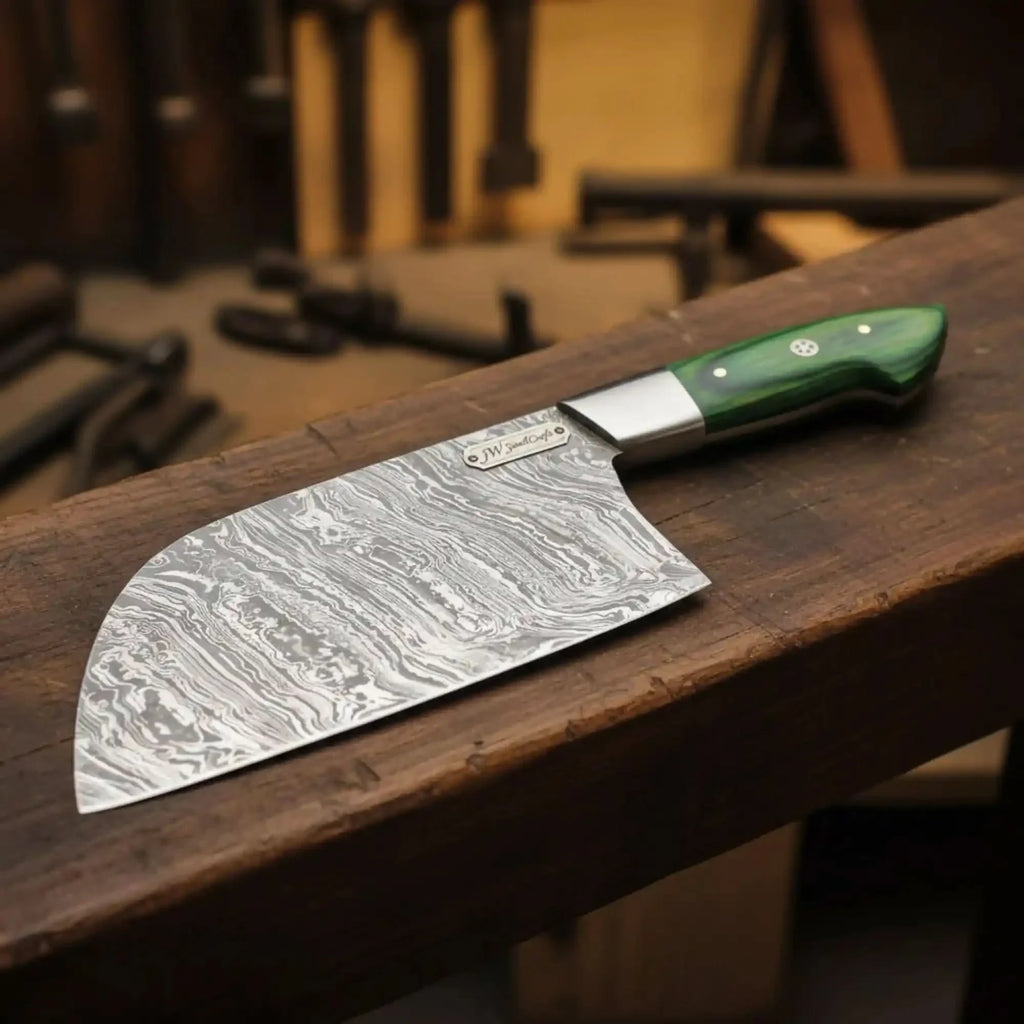 Handmade Damascus Nakiri Chef Knife with Wide Vegetable Blade, Green Pakka Wood Handle, Full Tang Kitchen Knife, JW SteelCrafts