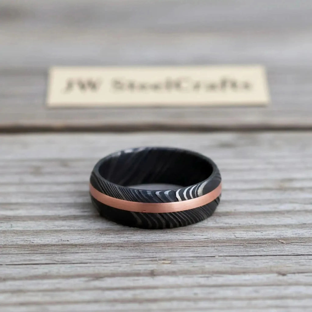 Damascus Offset Copper Inlay Ring with a Domed Dark Band