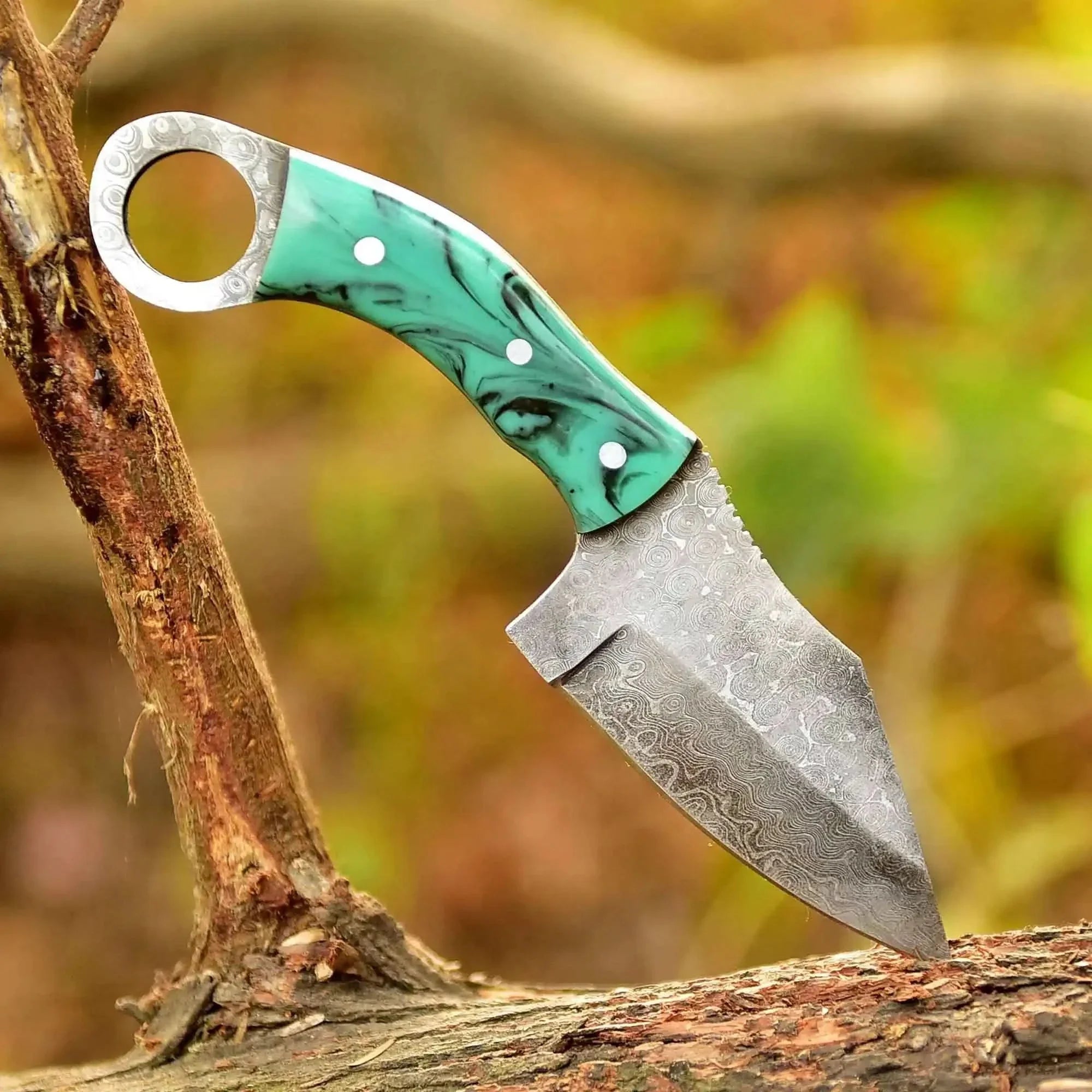 2 Piece Damascus Steel Ring Handle Knife Set with Bone Pattern & Green Resin Handles with Leather Sheath