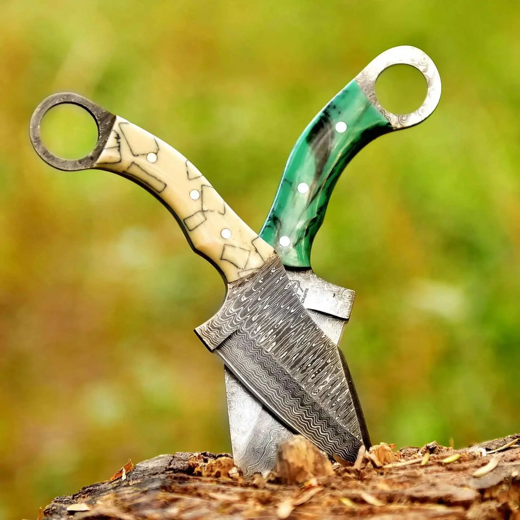 2 Piece Damascus Steel Ring Handle Knife Set with Bone Pattern & Green Resin Handles with Leather Sheath