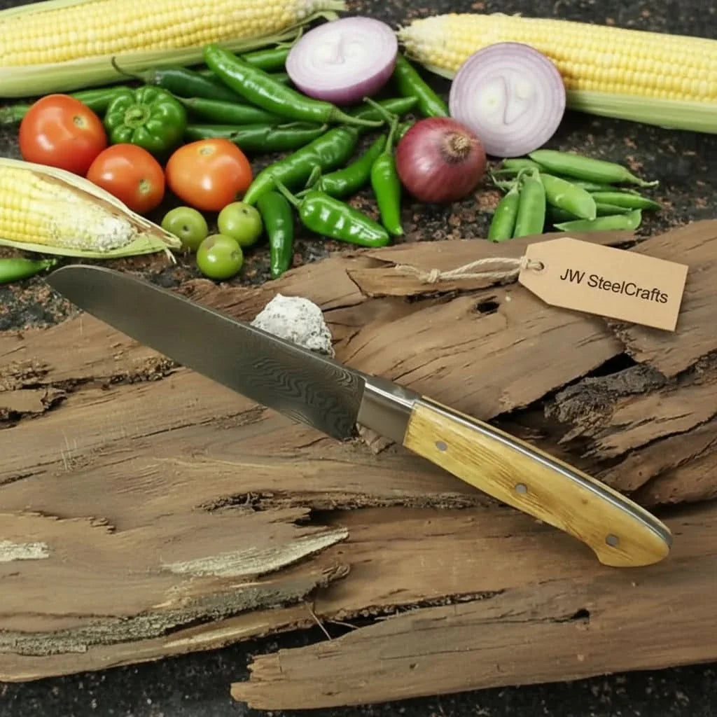 Custom Handmade Damascus Santoku Knife, Olive Wood Handle Japanese Chef Knife