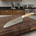 Custom Handmade Damascus Santoku Knife, Olive Wood Handle Japanese Chef Knife