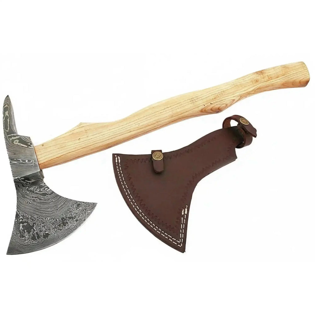 Handmade Damascus Steel Bearded Spike Axe – Hand Forged Viking Bearded Axe with Ash Wood Handle and Leather Sheath | JW SteelCrafts